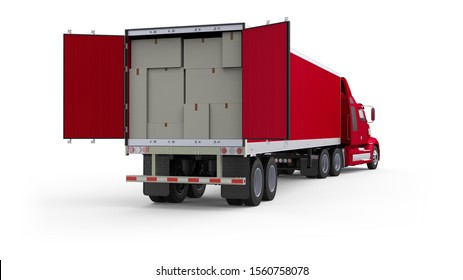 Generic American Red Semi Truck With Semi Trailer With Opened Back Doors And Box Packages Inside, From The Back Right View, Photo Realistic Isolated 3D Illustration On The White Background.