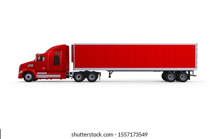 Generic American Red Sleeper Semi Truck With Refrigerated Semi Trailer From The Left View, Photo Realistic Isolated 3D Illustration On The White Background.