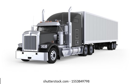 Generic American Sleeper Semi Truck With Refrigerated Semi Trailer From The Front Left Side, Photo Realistic Isolated 3D Illustration On The White Background.