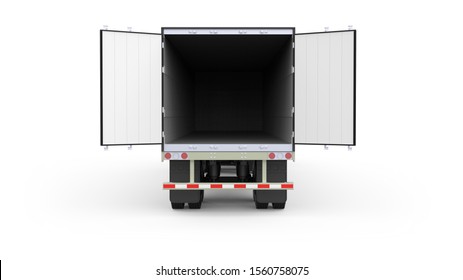 Generic American White Semi Trailer With Opened Back Doors From The Back View, Photo Realistic Isolated 3D Illustration On The White Background.