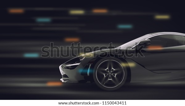 Generic and brandless sport car running in\
the night: 3d\
illustration
