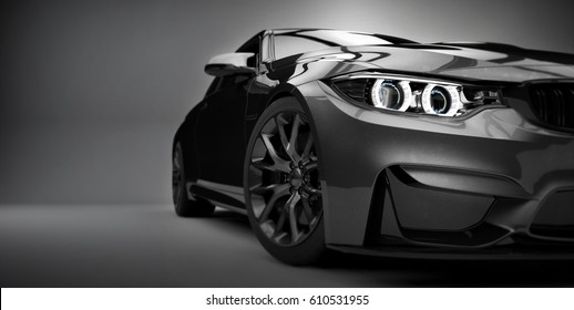 Generic brandless sports car closeup detail (with grunge overlay) - 3d illustration

