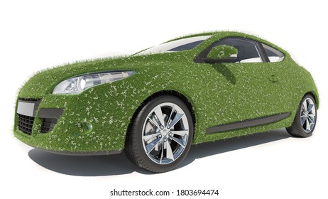 Generic Car Covered In Grass On White Background 3D Rendering