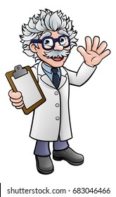 A Generic Cartoon Scientist Professor Wearing Lab White Coat Waving And Holding A Clipboard