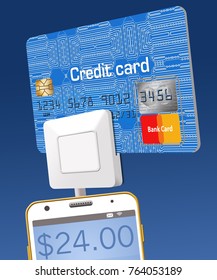 A Generic Credit Card Reader On A Cell Phone Is Seen With A Card Being Swiped Through The Device. Card Payments Can Be Accepted Anywhere With Technology.