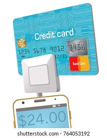 A Generic Credit Card Reader On A Cell Phone Is Seen With A Card Being Swiped Through The Device. Card Payments Can Be Accepted Anywhere With Technology.