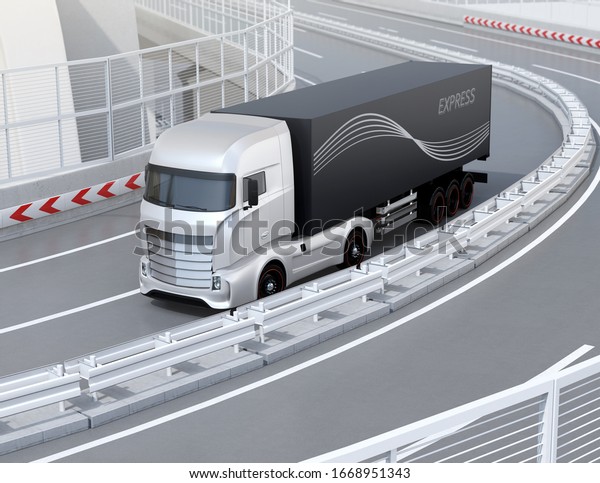 Generic design Heavy Electric Truck passing\
highway curve. 3D rendering\
image.