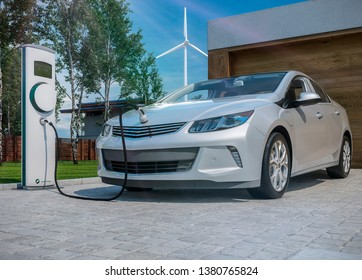 Generic Electric Car Charging At Home In Front Of Garage 3d Illustration