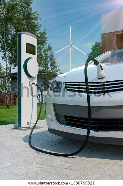 generic electric car charging at home in\
front of garage 3d\
illustration