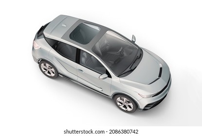 Generic Electric Or Hybrid Car. Crossover Suv Silver Color. Viewed From Perspective Top. 3D Rendering.