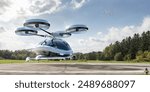 A generic eVTOL aircraft taking off or landing on a helipad on the ground in a rural green location with lots of grass and trees on a bright sunny day.