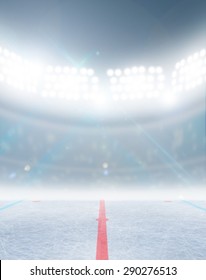 A generic ice hockey ice rink stadium with a frozen surface under illuminated floodlights