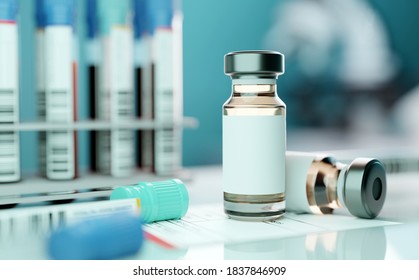 A Generic Medical Vaccine Vial Bottle In A Laboratory Setting. 3D Illustration Background.