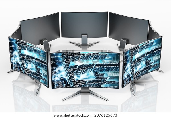 Generic monitors with code wallpapers\
isolated on white background. 3D\
illustration.