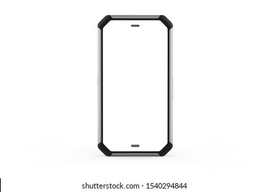 Generic Photo Realistic Rugged Smartphone Model With Blank Display, Presented In Front Vertical Position, Isolated 3D Illustration On The White Background.