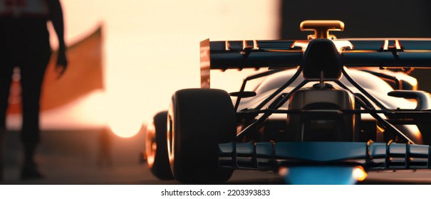 A Generic Picture Of A Race Car, A Silhouette Of A Person, A Flag, And Sunrise Background, Winner Concept, Victory. Bokeh Effect, Depth Of Field. Digital Illustration, 3d Rendering, Mixed Media
