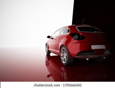 Generic Red Car In Front Of Light Panel - 3d Illustration Render