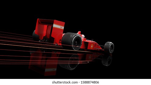 Generic Red Racing Car On Black Background. Light Streaks Moving With Car. 3D Illustration Render