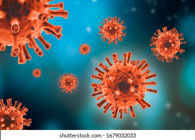 Generic Red Virus Cell On Blue Background. Microbiology, Virology, Epidemiology, Medicine Science 3d Rendering Illustration Concepts.