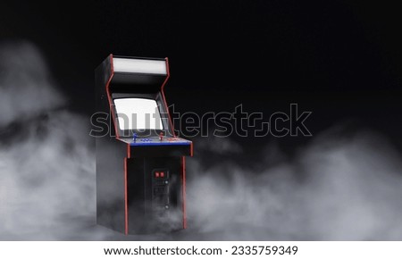 Generic Retro Arcade Machine or Cabinet for Two Players With Blue and Red Decorations in the Fog or Mist. 3D Illustration