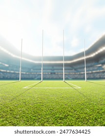 A generic seated aussie rules stadium showing goal posts on a green grass pitch in the day time under a blue cloudy sky - 3D render