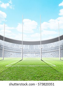 A Generic Seated Aussie Rules Stadium Showing Goal Posts On A Green Grass Pitch In The Day Time Under A Blue Cloudy Sky - 3D Render