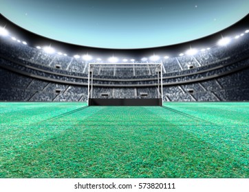 A Generic Seated Lawn Hockey Stadium With A Netted Goal On A Green Grass Pitch At Night Under Illuminated Floodlights - 3D Render