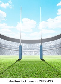 A Generic Seated Rugby Stadium Showing A Set Of Padded Goal Posts On A Green Grass Pitch In The Day Time Under A Blue Cloudy Sky - 3D Render