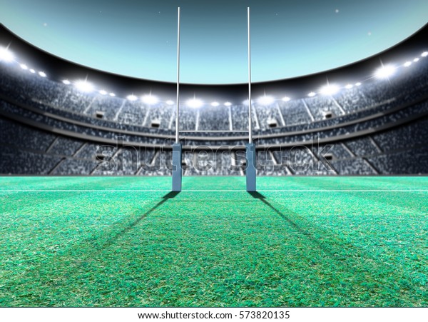 ライトと投光器の下の夜間の緑の草のピッチで パッドの付いたゴールポストのセットを見せる 一般的なラグビースタジアム 3dレンダリング のイラスト素材