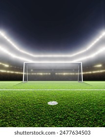 Un estadio de fútbol sentado genérico que muestra los postes de gol en un campo de hierba verde por la noche bajo focos iluminados - render 3D