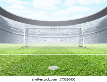 A Generic Seated Soccer Stadium Showing A Set Of Goals And Penalty Spot In The Day Time Under A Blue Cloudy Sky - 3D Render