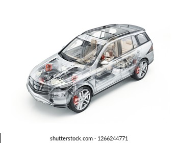 Generic Suv Car Detailed Cutaway 3D Realistic Rendering. With All Main Details In Ghost Effect. On White Bacground.