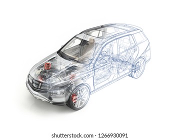 Generic Suv Car Detailed Cutaway. 3D Realistic Rendering With All Main Details In Ghost Effect. With Morphing Effect From Realistic To Technical Blue Print Drawing. On White Background.