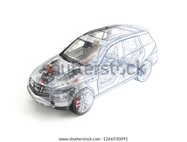 Generic suv car detailed cutaway. 3D\
realistic rendering with all main details in ghost effect. With\
morphing effect from realistic to technical blue print drawing. On\
white\
background.