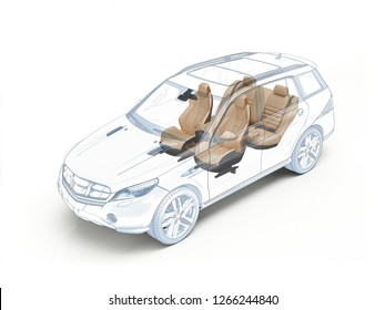 Generic Suv Cutaway Blue Print Technical Drawing Showing Realistic Seats In Ghost Effect. On White Background. 