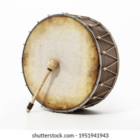 Generic traditional Ramadan drum and stick isolated on white background. 3D illustration.