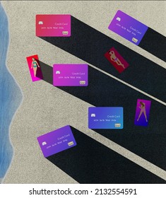 Generic Travel Credit Cards Are Seen From Overhead On A Beach  With The Card Replacing Beach Umbrellas In A 3-d Illustration.