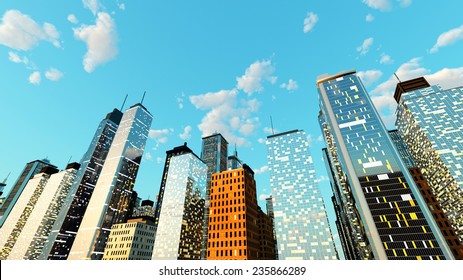 Generic urban architecture and skyscrapers forming a huge city. 3D rendered Illustration. 