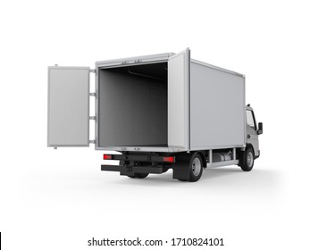 Generic urban delivery refrigerator box truck with grey cabin, back right view with opened doors, photorealistic 3D Illustration, isolated on the white background.