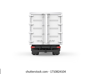 Generic urban delivery refrigerator box truck with grey cabin, back view with closed doors, photorealistic 3D Illustration, isolated on the white background.