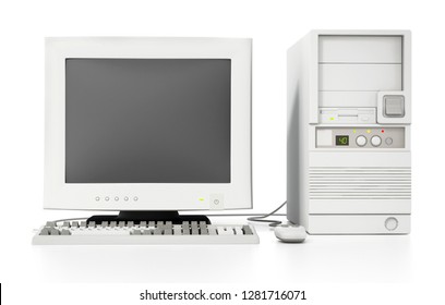 Generic vintage 90's style computer isolated on white background. 3D illustration.