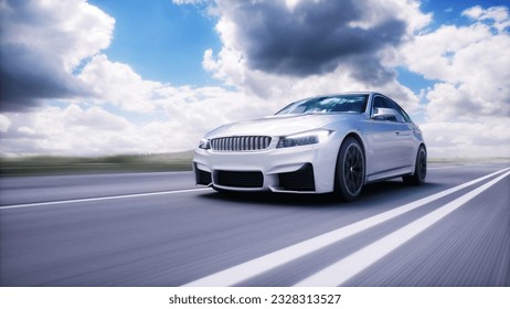 Generic white car on highway. Very fast driving. 3d rendering. 3D Illustration - Powered by Shutterstock