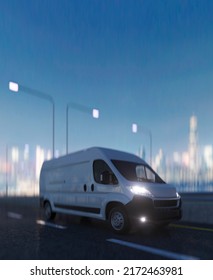 Generic White Commercial Van Driving Through A City At Night Concept 3d Render