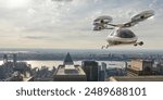 A generic white electric powered Vertical Take Off and Landing eVTOL aircraft with four rotors, coming in to land on roof top helipad with high city city buildings in the background. 