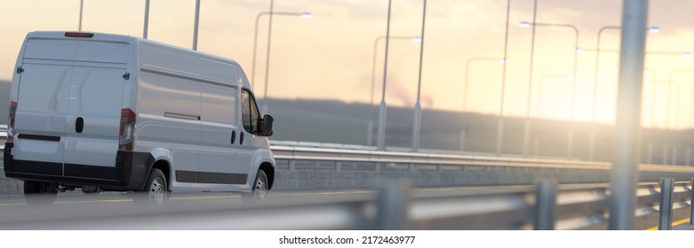 Generic White Work Van Driving Into The Sunset On A Main Road 3d Render