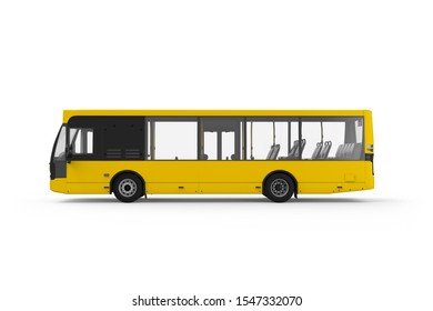 Generic Yellow City Bus From The Left Side, 3D Illustration Of Isolated Model On The White Background.