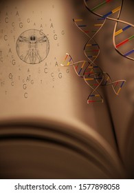 Genesis Book. DNA Strands And Vitruvian Man. 3D Rendering