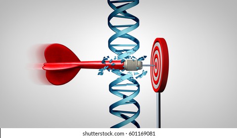 Genetic breakthrough and medical gene therapy treatment discovery concept as a dart hitting a target by breaking a double helix representing genes as a 3D illustration.