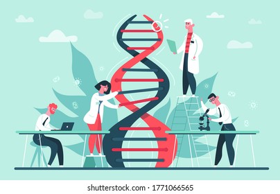 Genetic DNA research. Lab genome and DNA code science researches, scientist professor CRISPR CAS9 gene edits  illustration. Research dna, biotechnology laboratory, gene medical