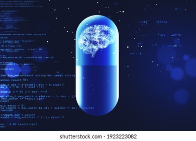 Genetic engineering concept with medication capsule with human brain diagram at programming language background. 3D rendering